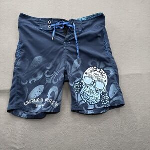 Laguna Beach Board Shorts Mens 36 Blue Skull Floral Swim Trunks UnLined Beach